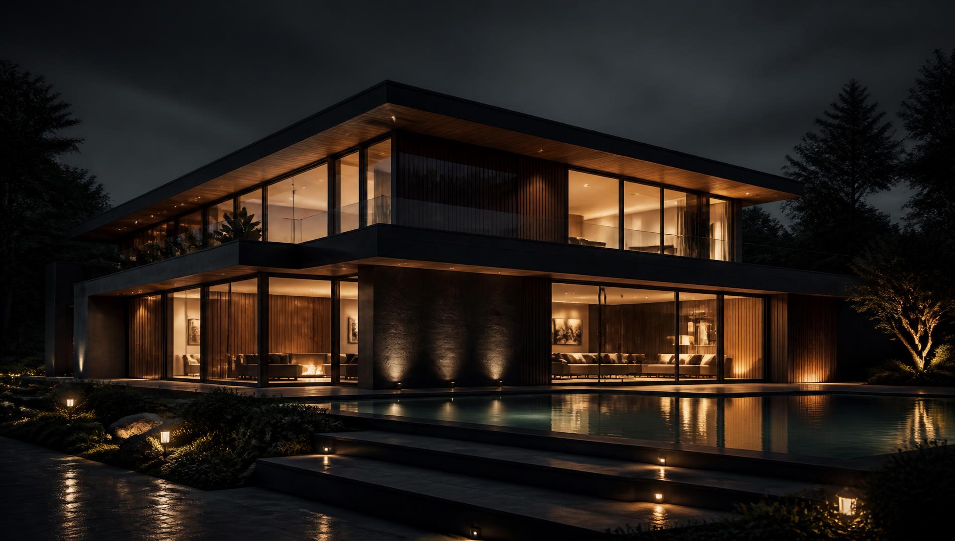 Residência moderna iluminada ao anoitecer